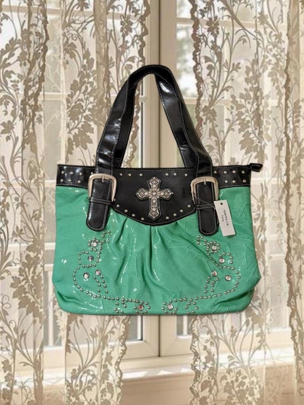 Vintage Y2K Deadstock Turquoise Faux Leather Cross Rhinestone Mcbling Purse - Picture 1 of 8